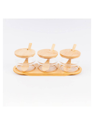 SET AZUCARERAS X3UNI 7,5X8CM VIDRIO C.TAPA+CUCHARA MADERA