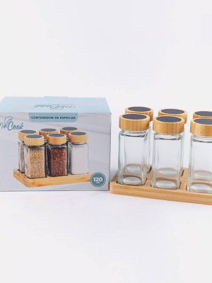 CONDIMENTERO VIDRIO X6 C.TAPA Y BASE BAMBOO 120 CA5505ZZ JAÑ