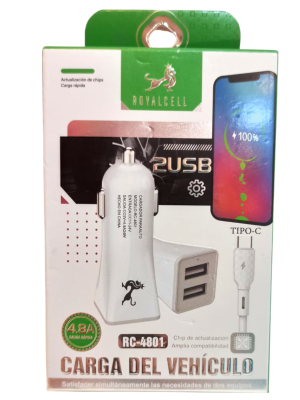 CARGADOR P/AUTO CON 2 USB Y CABLE USB A TIPO C GAÑ